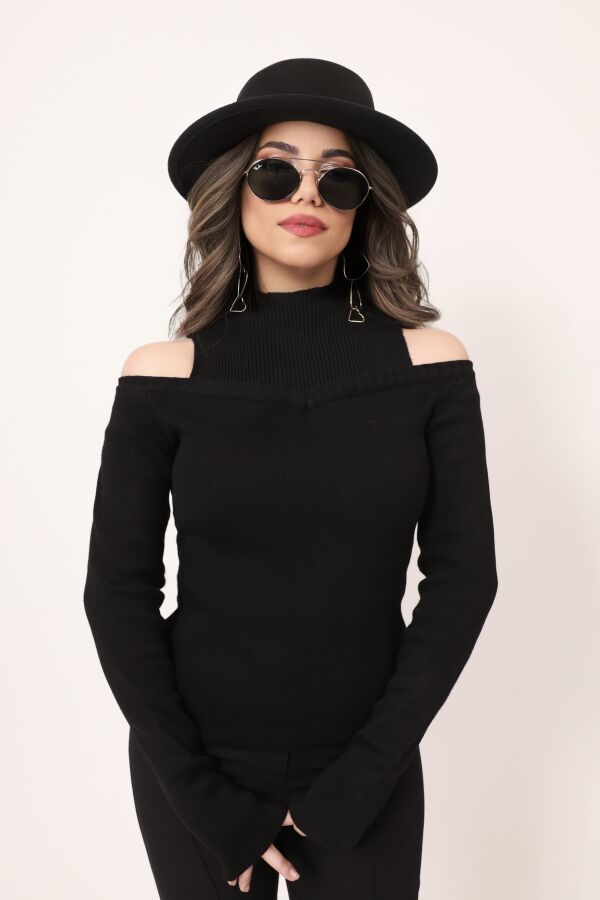 BLACK TURTLENECK OFF-SHOULDER KNIT SWEATER - 1