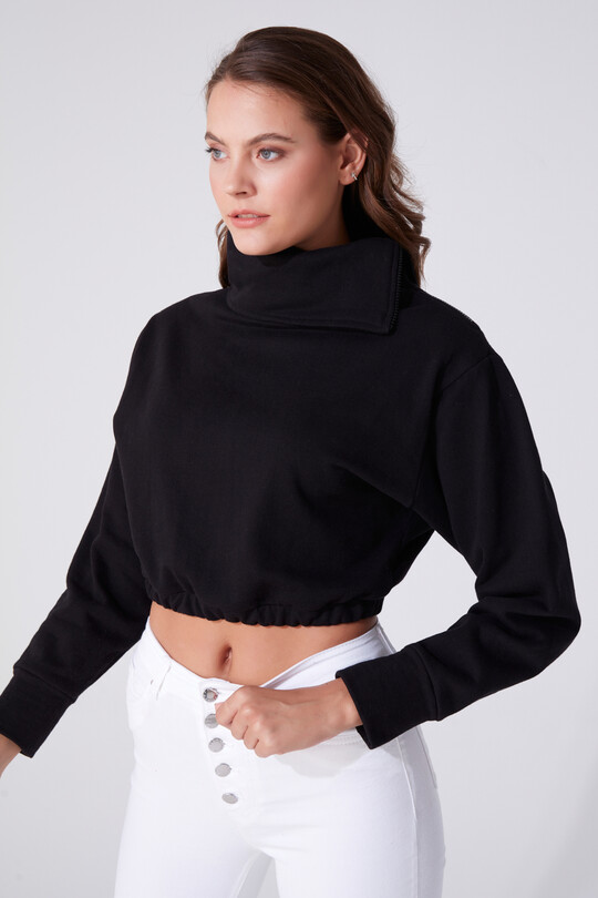 BLACK ZIP-UP HIGH NECK SWEATSHIRT WITH ELASTICATED WAIST - 1