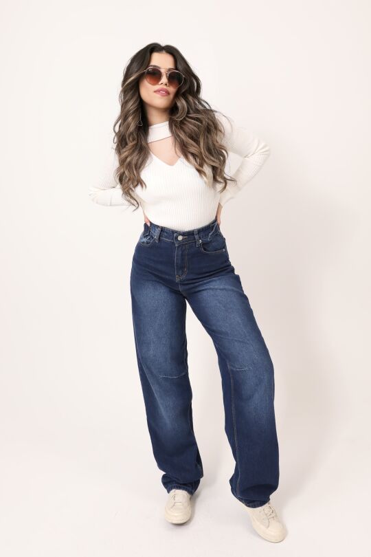 BLUE BUCKLE DETAIL LOOSE FIT WIDE LEG DENIM PANTS - 3