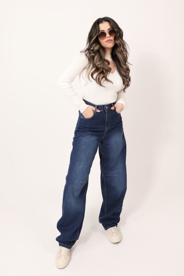 BLUE BUCKLE DETAIL LOOSE FIT WIDE LEG DENIM PANTS - 1