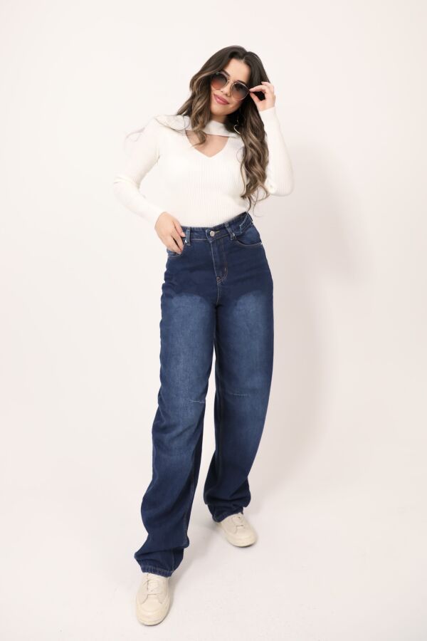 BLUE BUCKLE DETAIL LOOSE FIT WIDE LEG DENIM PANTS - 2