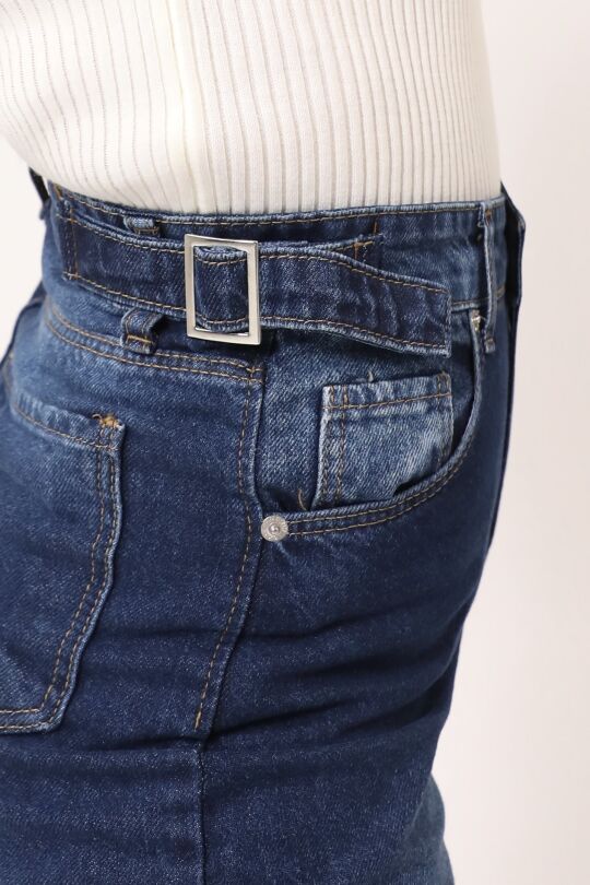 BLUE BUCKLE DETAIL LOOSE FIT WIDE LEG DENIM PANTS - 4