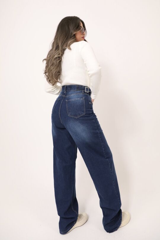 BLUE BUCKLE DETAIL LOOSE FIT WIDE LEG DENIM PANTS - 5
