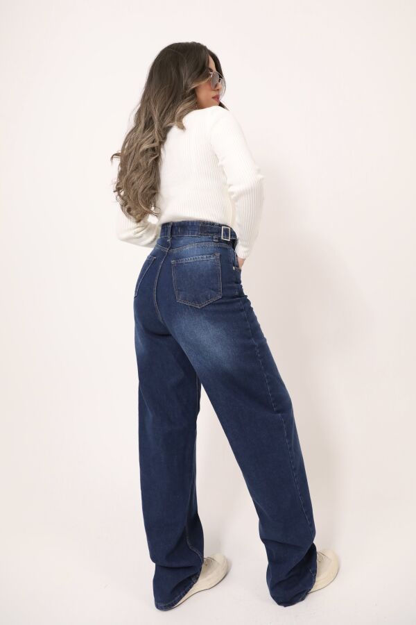 BLUE BUCKLE DETAIL LOOSE FIT WIDE LEG DENIM PANTS - 5