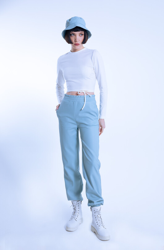 Blue Elastic Waist & Cuff Leather Pants 