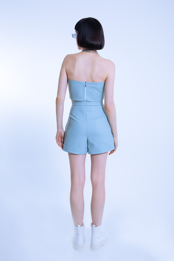 Blue Leather Pleated Front Low Waist Skort with Back Shorts - 4