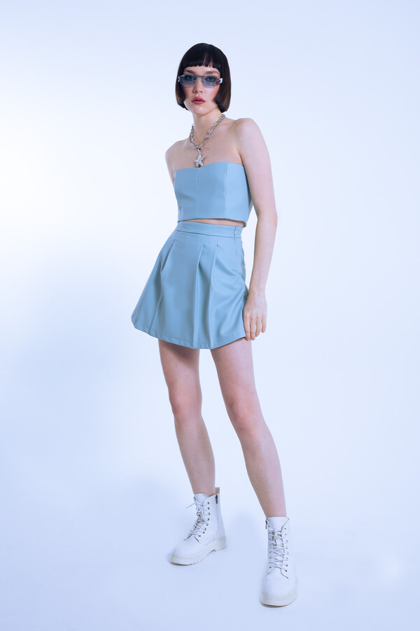 Blue Leather Pleated Front Low Waist Skort with Back Shorts - 1