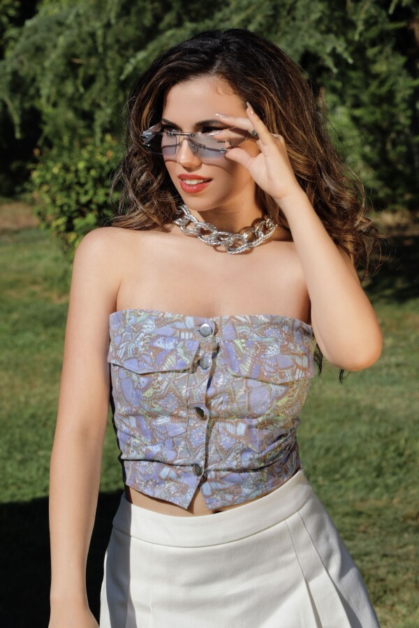 Blue patterned bustier with front buttons - 4