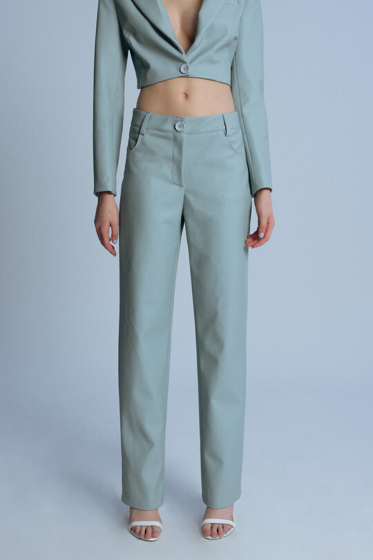 Blue Straight Leg Leather Pants - 3