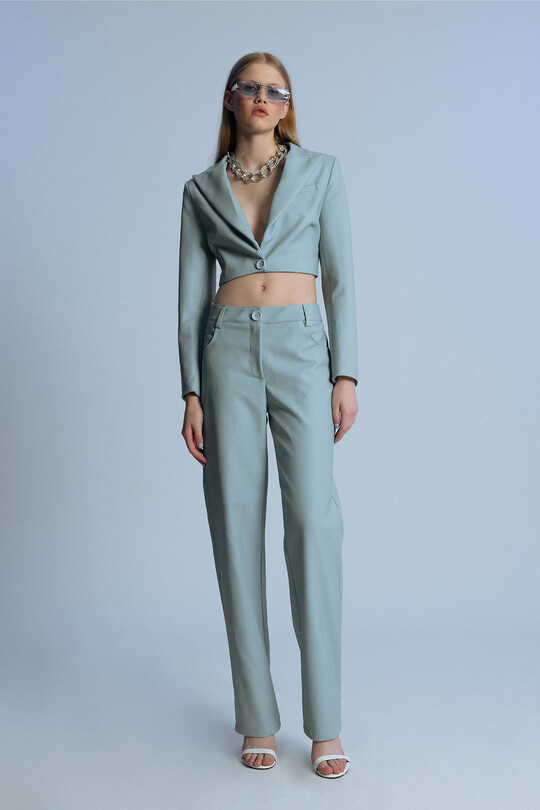 Blue Straight Leg Leather Pants - 1