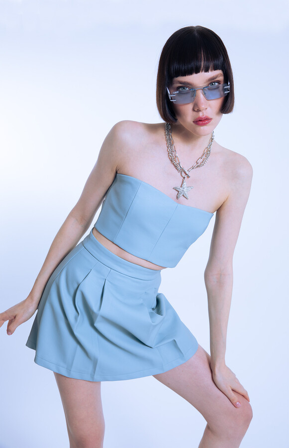 BLUE STRAPLESS SHORT LEATHER BUSTIER - 1
