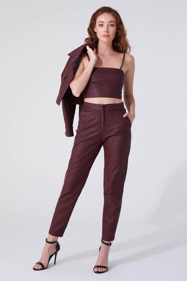 Bordeauxfarbene Leder Cigarette Hose - 1