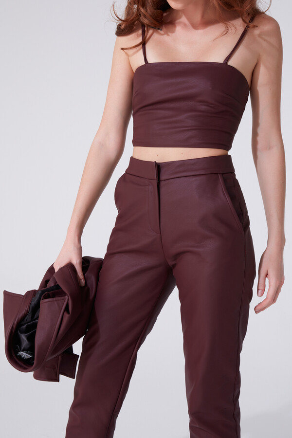 Bordeauxfarbene Leder Cigarette Hose - 2