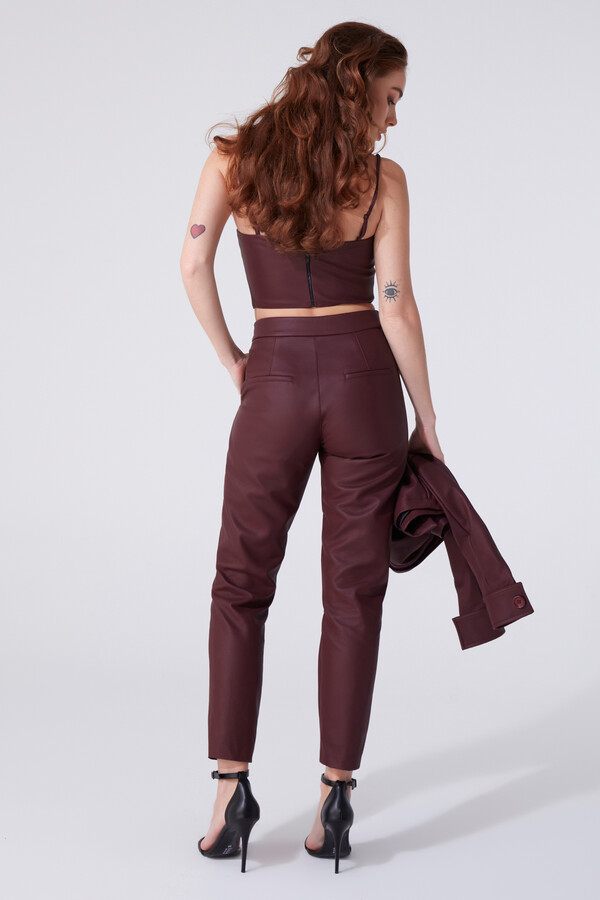 Bordeauxfarbene Leder Cigarette Hose - 3