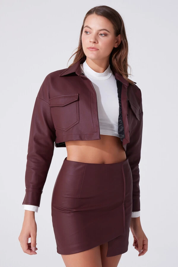 Bordeauxrote kurze Lederjacke - 1