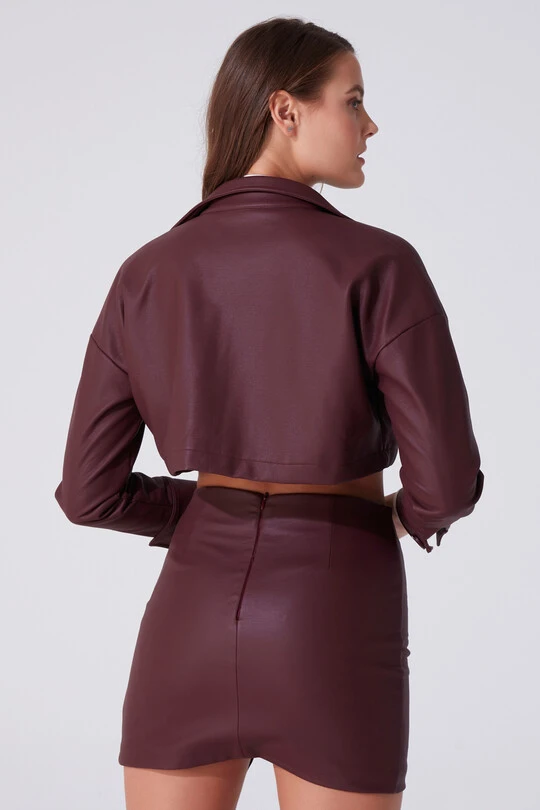 Bordeauxrote kurze Lederjacke - 3