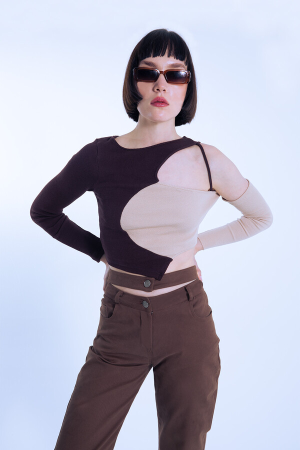 Brown/beige two-tone asymmetrical corset crop top - 1