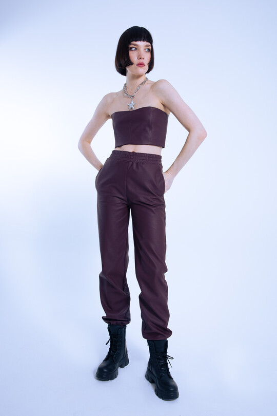 Burgundy Elastic Waist & Cuff Leather Pants - BERFUĞ KIRAN