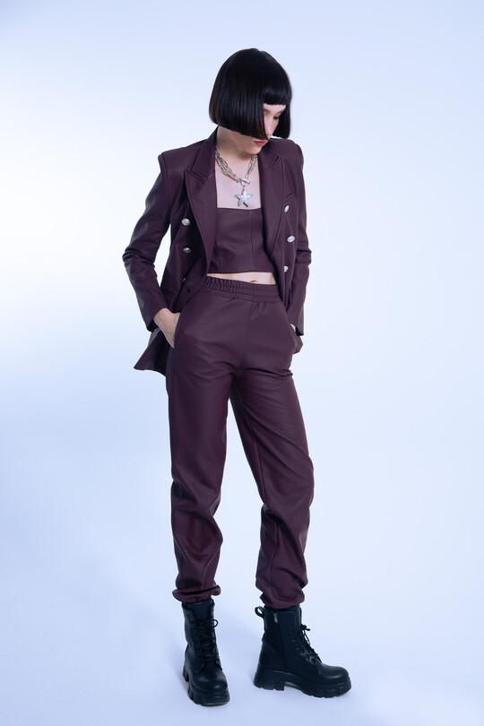 Burgundy Elastic Waist & Cuff Leather Pants - BERFUĞ KIRAN (1)