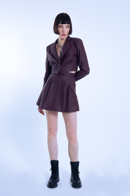 Burgundy Leather Pleated Front Low Waist Skort with Back Shorts 