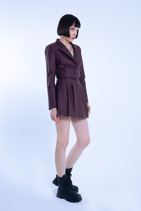Burgundy Leather Pleated Front Low Waist Skort with Back Shorts - 2