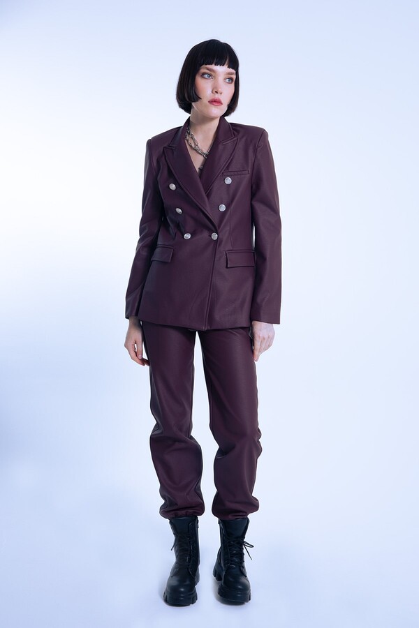 Burgundy leather wrap jacket with fitted waist - 2