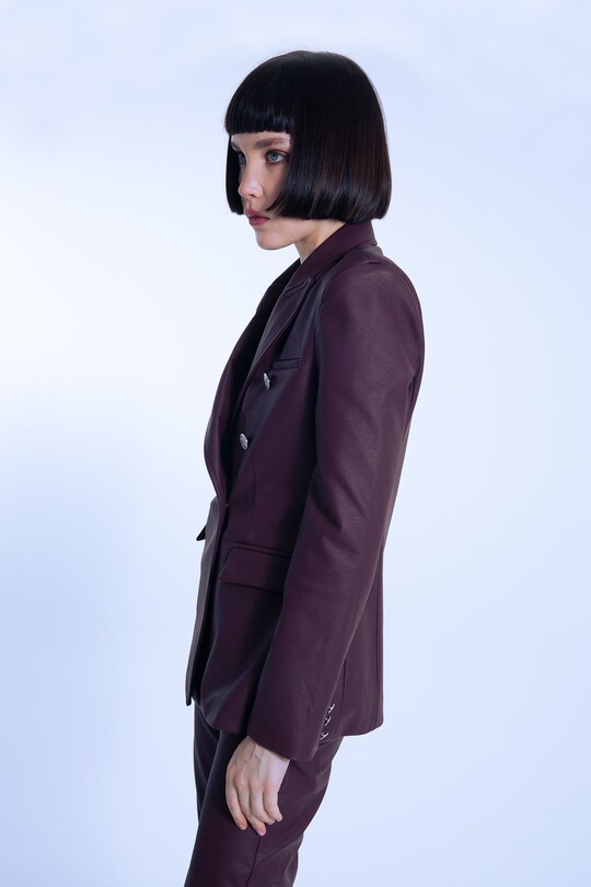 Burgundy leather wrap jacket with fitted waist - 3