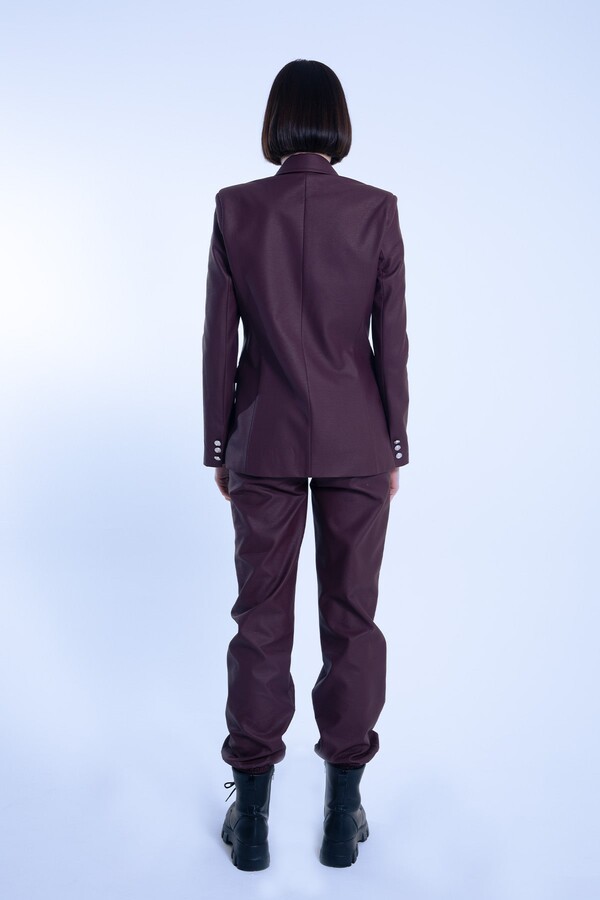 Burgundy leather wrap jacket with fitted waist - 4