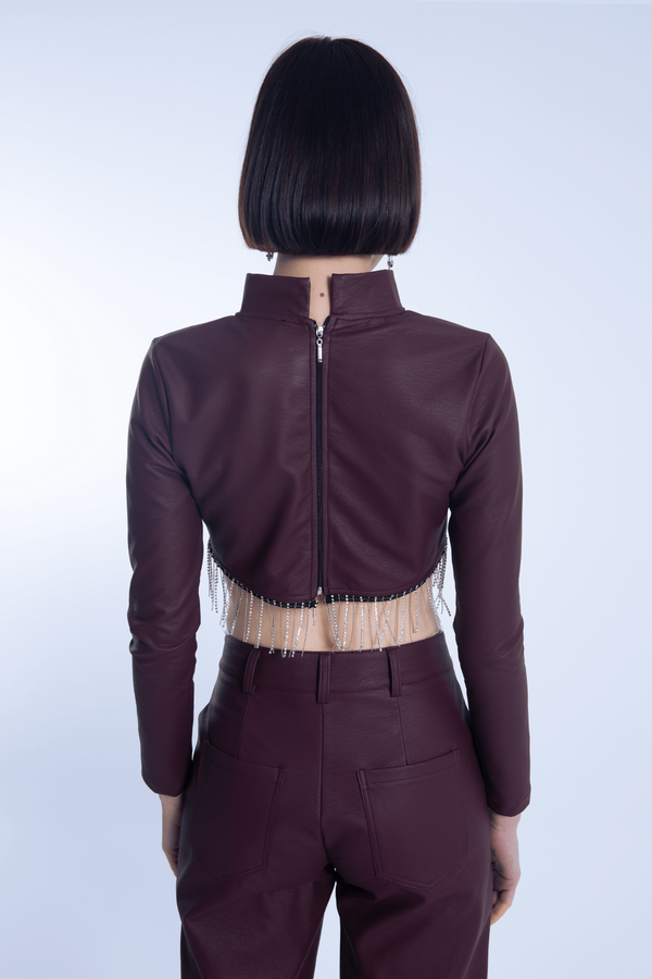 Burgundy long-sleeve leather blouse with embellished hem - 4