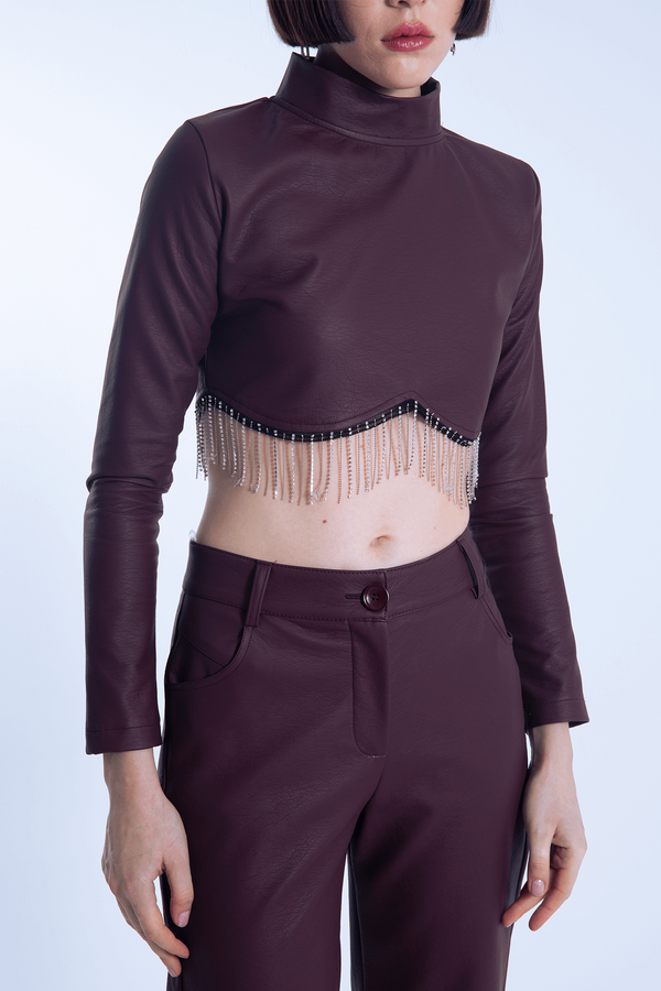 Burgundy long-sleeve leather blouse with embellished hem - 2