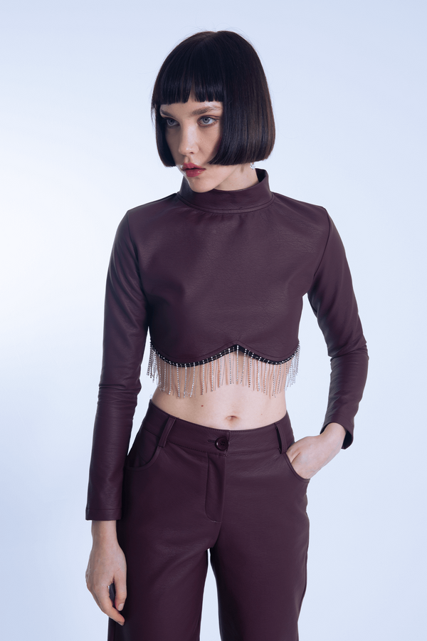 Burgundy long-sleeve leather blouse with embellished hem - 3