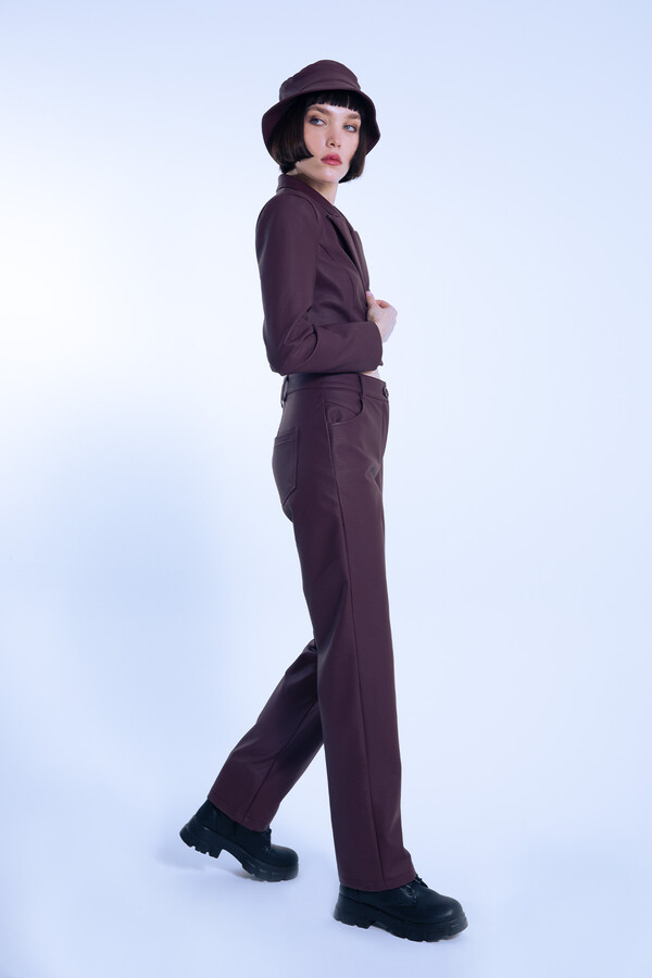 Burgundy Straight Leg Leather Pants - 3