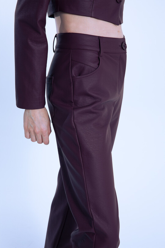 Burgundy Straight Leg Leather Pants - 4