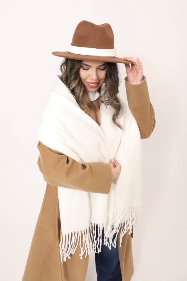CREAM SOFT TEXTURE FRINGED SHOULDER SHAWL - 2