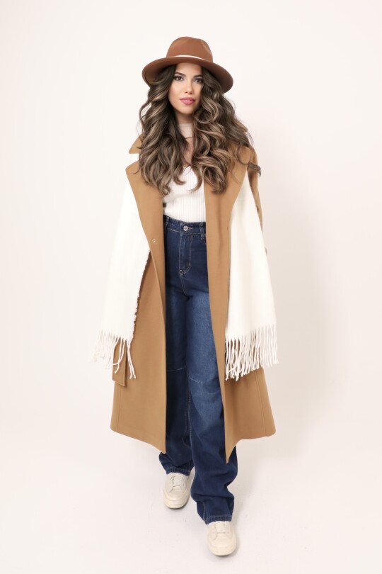 CREAM SOFT TEXTURE FRINGED SHOULDER SHAWL - 4