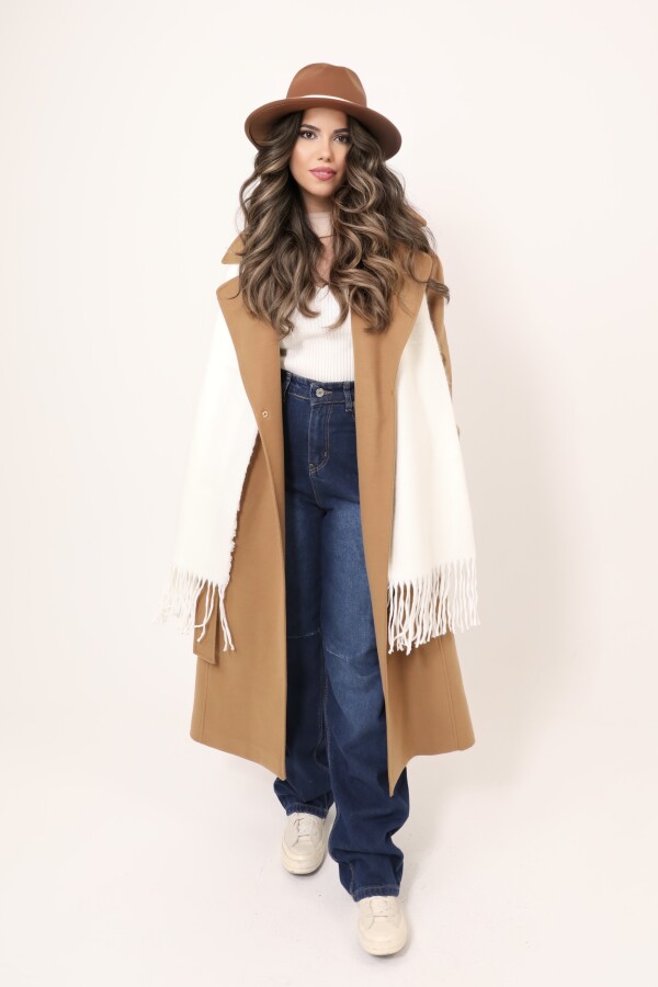 CREAM SOFT TEXTURE FRINGED SHOULDER SHAWL - 4
