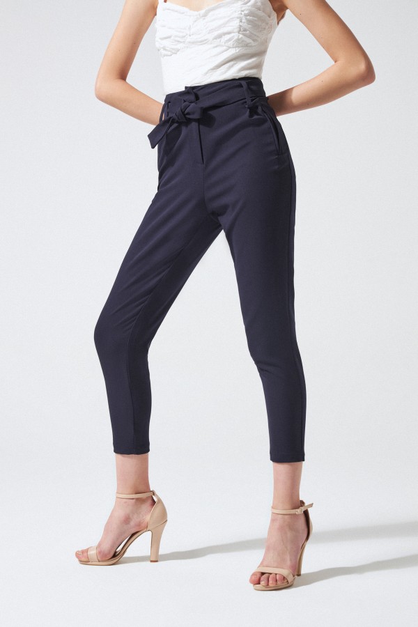 Dunkelblaue High-Waist Haremshose mit Taillengürtel - 2