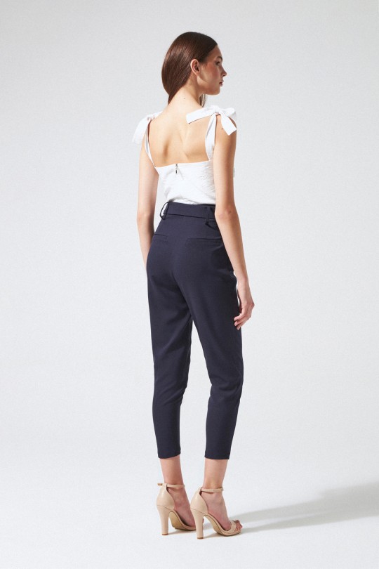 Dunkelblaue High-Waist Haremshose mit Taillengürtel - 3