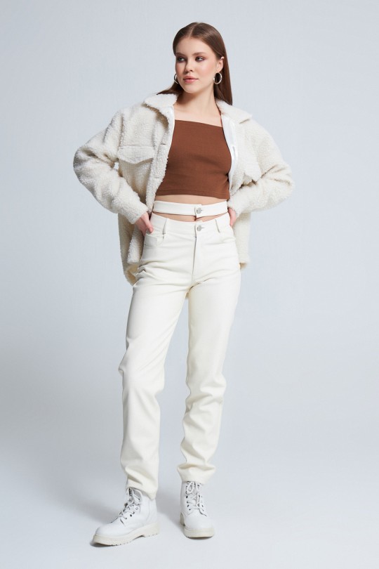 ECRU BUTTON-UP CURLY JACKET - 2