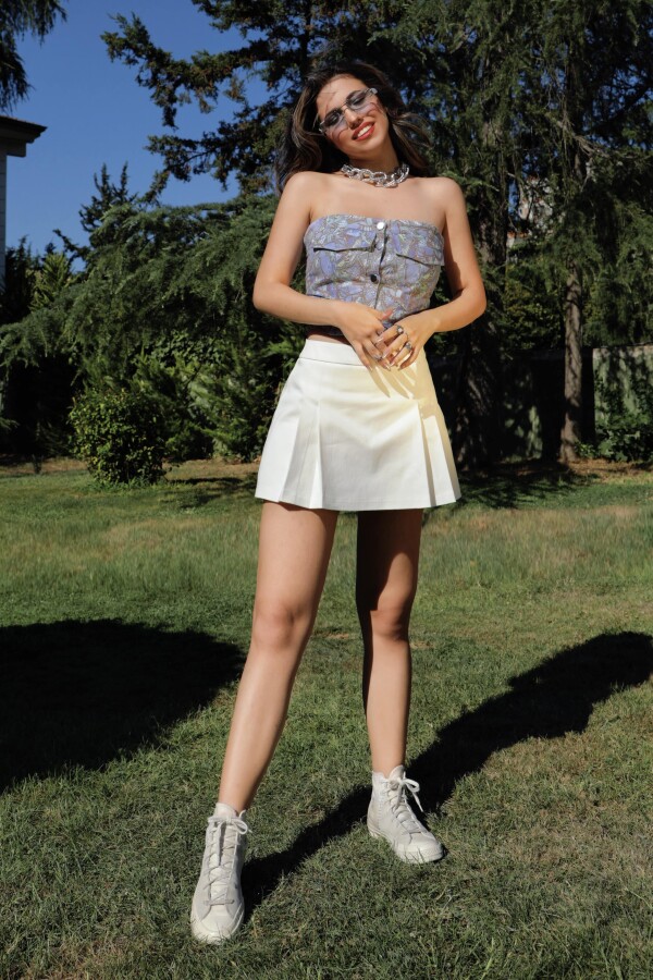 Ecru Pleated Front Low Waist Skort with Back Shorts - 3