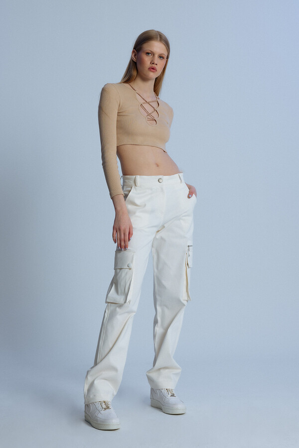 ECRU ZIPPER DETAILED LOW WAIST OVERSIZED TROUSERS - 2