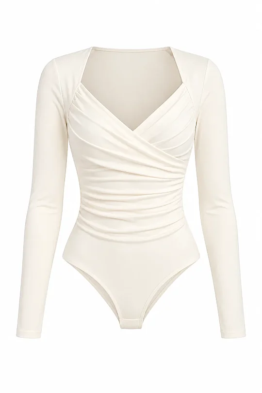 EKRU KRUVAZE YAKA DRAPELİ UZUN KOLLU BODY - 5