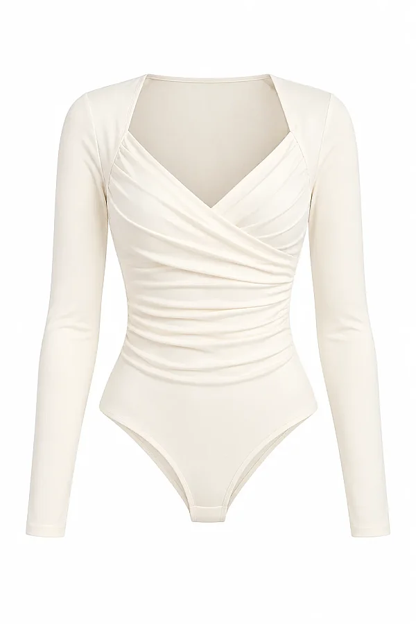 EKRU KRUVAZE YAKA DRAPELİ UZUN KOLLU BODY - 5