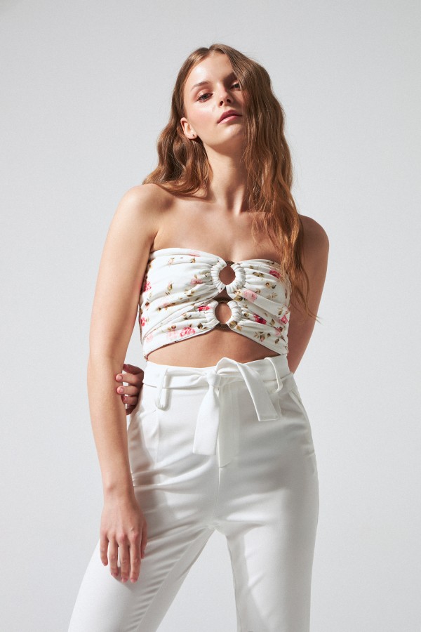 Floral Print Strapless Crop Bustier with Double Front Buckle - 1