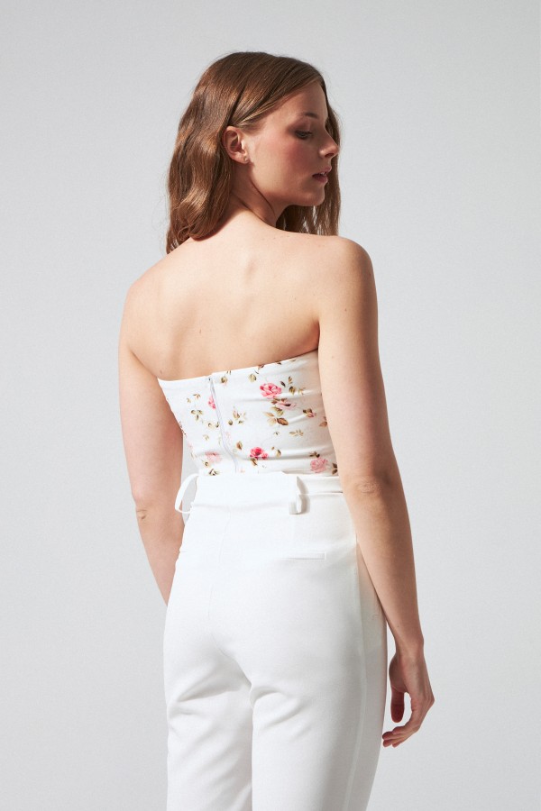 Floral Print Strapless Crop Bustier with Double Front Buckle - 3