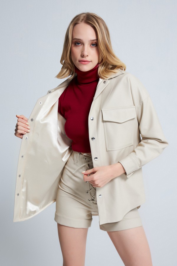 VİSON FRESH FRONT DETAILED LEATHER SHIRT MINK - 2