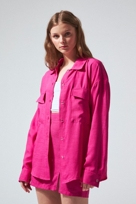 FUCHSIA BUTTON-UP LINEN SHIRT - 2