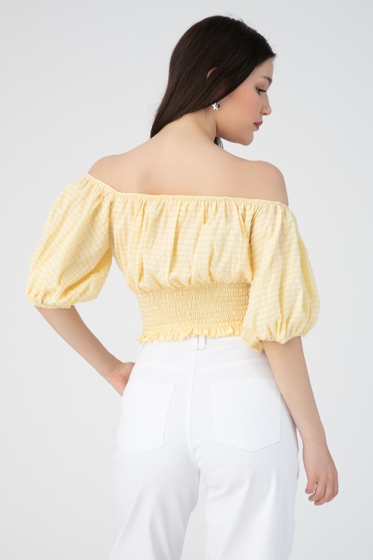 Gelbe Bluse mit überschnittenen Schultern und elastischem Bund - 3