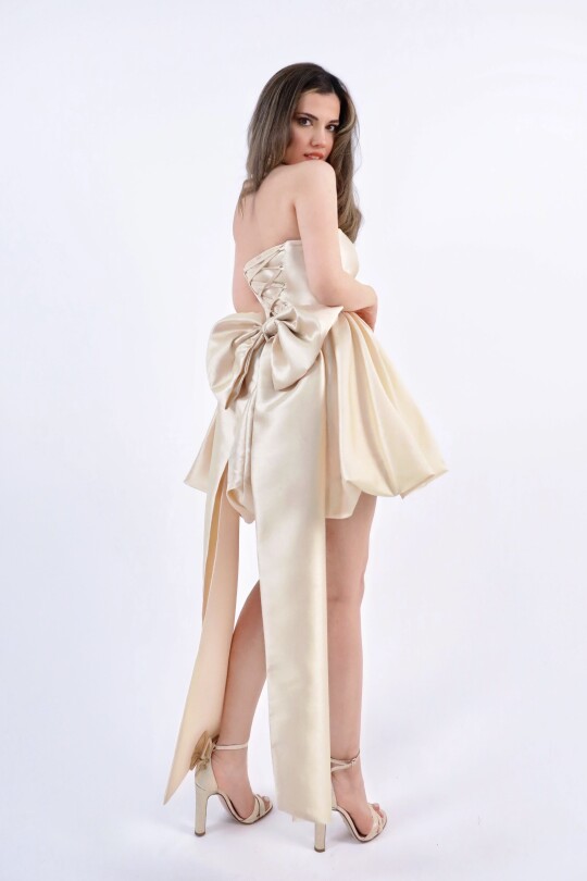 GOLD ARKASI KURDELALI STRAPLEZ TAFTA ELBİSE - 7