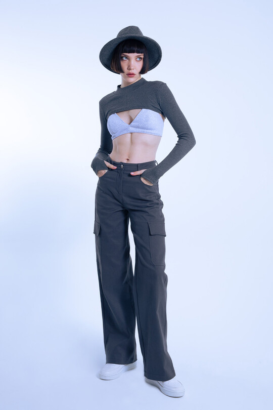 Gray High Waist Wide Leg Cargo Pants - BERFUĞ KIRAN